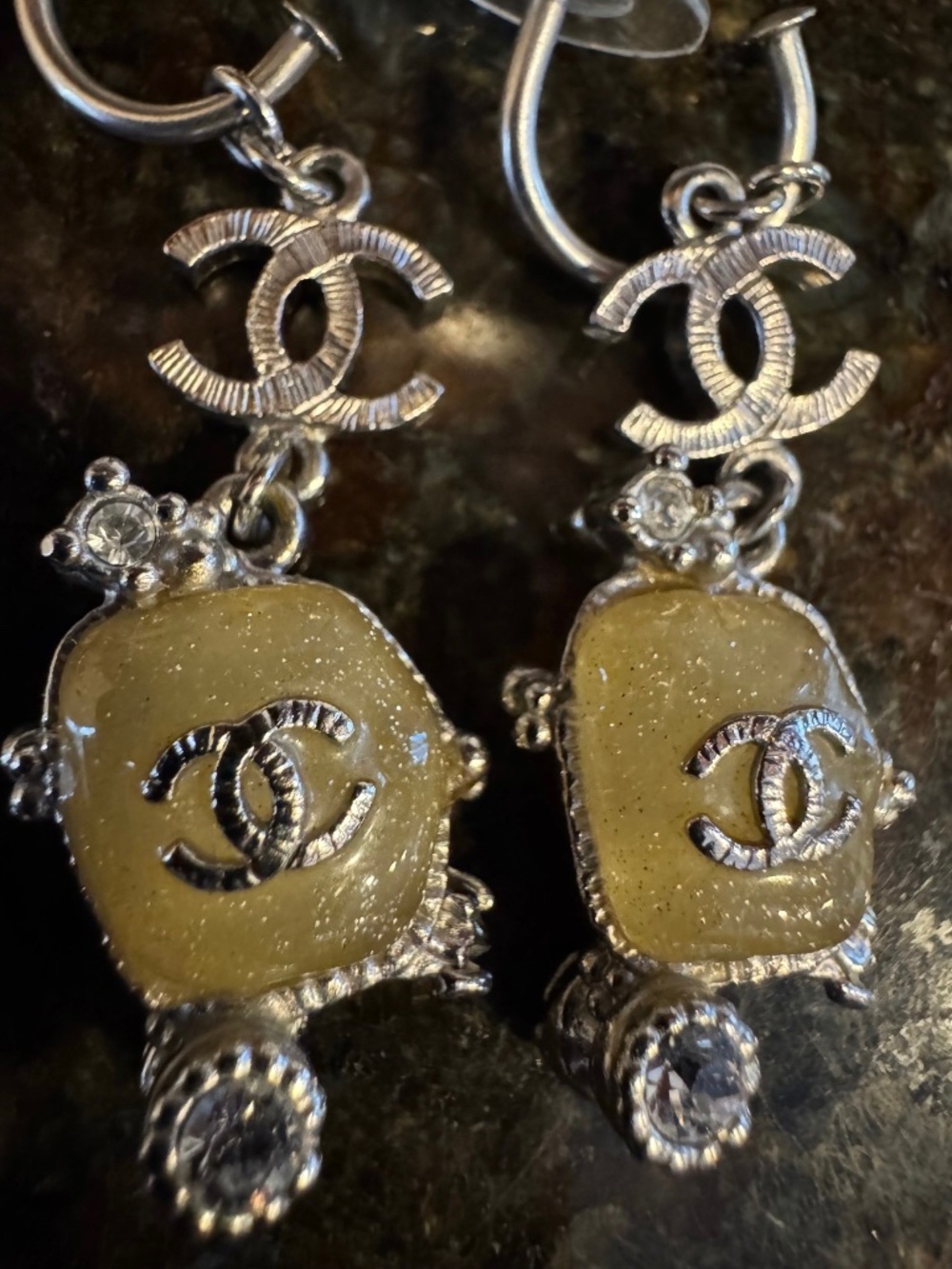 Authentic Chanel silver tone yellow diamond like stone turtle pierced earrings